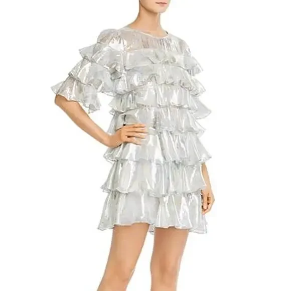 Rebecca Taylor Lily Ruffle Tiered Mini Dress Metallic Silk Blend Silver Size 0